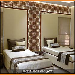 Backlit bed head Jaali for a guest bedroom cut out of MDF